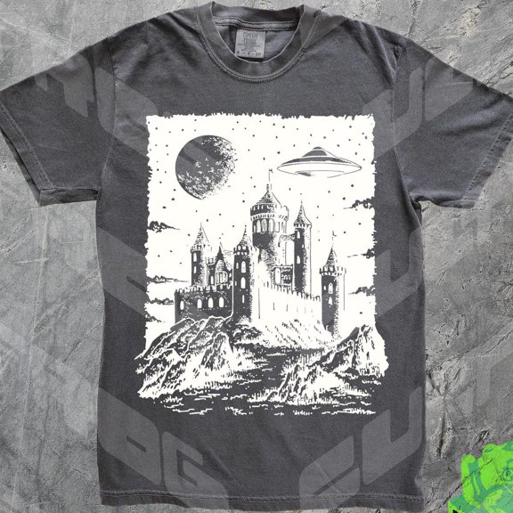 DOPASHIRT Vintage Ufo Castle Graphic T-Shirt, Retro 90S Tee, Fairycore, Dark Art, Medieval, Screeprint Shirt, Casual Tee For Him Unisex S-5XL Hot Trending Shirt, Vintage Birthday Gift
