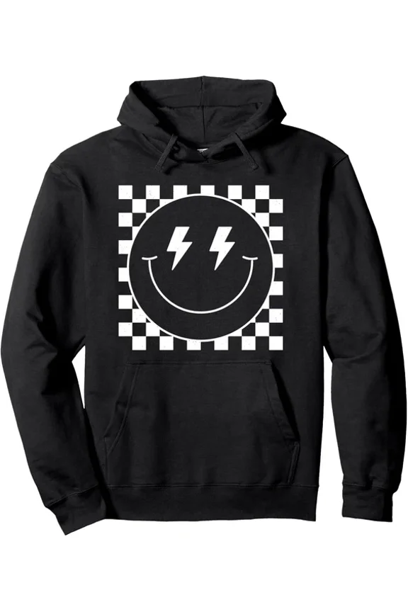 Vintage White Checkered Smile Face Cute Smiling Hoodie Outdoor Hoodie, Trendy Hoodie, Birthday Gift