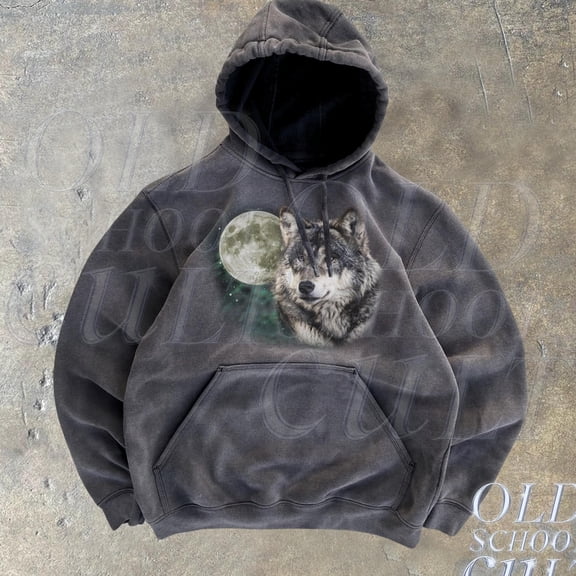DOPASHIRT Vintage Wolf 90S Graphic Hoodie, Retro Wolf Moon Hoodie, Howling Wolf Hoodie, 90S Gothic Clothing, Y2K Oversized Grunge Hoodie, Sweathirt Outdoor Hoodie, Trendy Hoodie, Birthday Gift