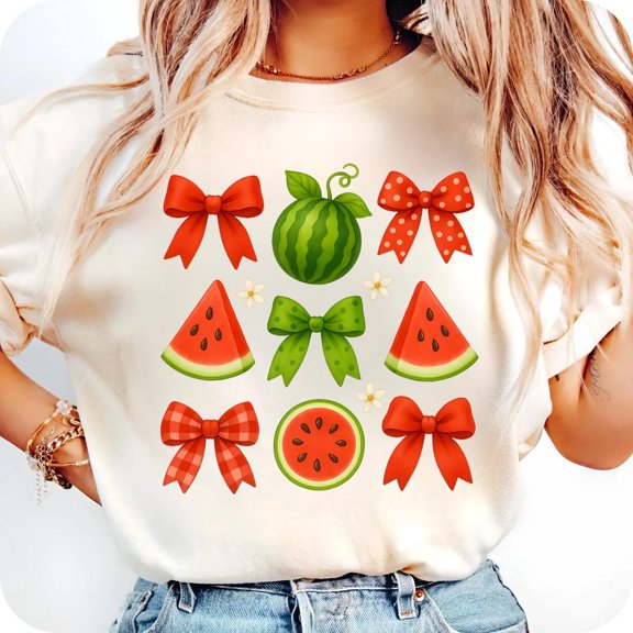 DOPASHIRT Watermelon Bow Shirt Cute Summer Fruit Shirt Watermelon Slice For & Cricut Retro Picnic Unisex S-5XL Hot Trending Shirt, Vintage Birthday Gift