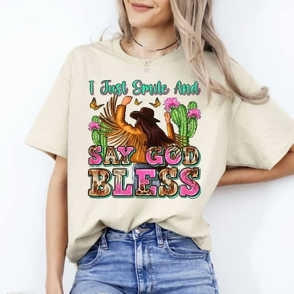 DOPASHIRT Western Girl T-Shirt I Just Smile And Say God Bless Tee White Sport Unisex S-5XL Hot Trending Shirt, Vintage Birthday Gift