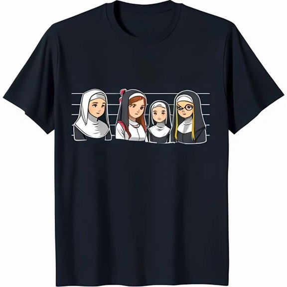DOPASHIRT Whimsical Black T-Shirt With Cartoon Nuns In Lineup Graphic Unisex S-5XL Hot Trending Shirt, Vintage Birthday Gift