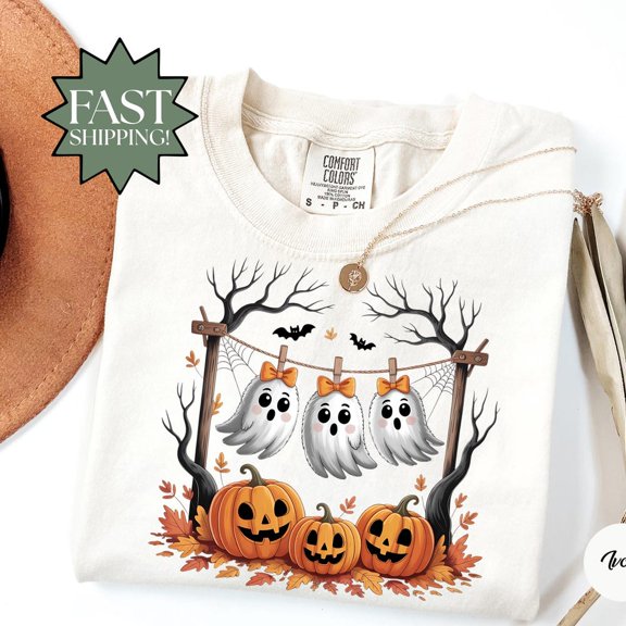DOPASHIRT Witc.H Pumpkin Ghost Shirt, Fall Pumpkin T-Shirt, Retro Autumn Fall Witc.Hy Shirt, Ghost Wearing Witc.H Hat Tee Unisex S-5XL Hot Trending Shirt, Vintage Birthday Gift