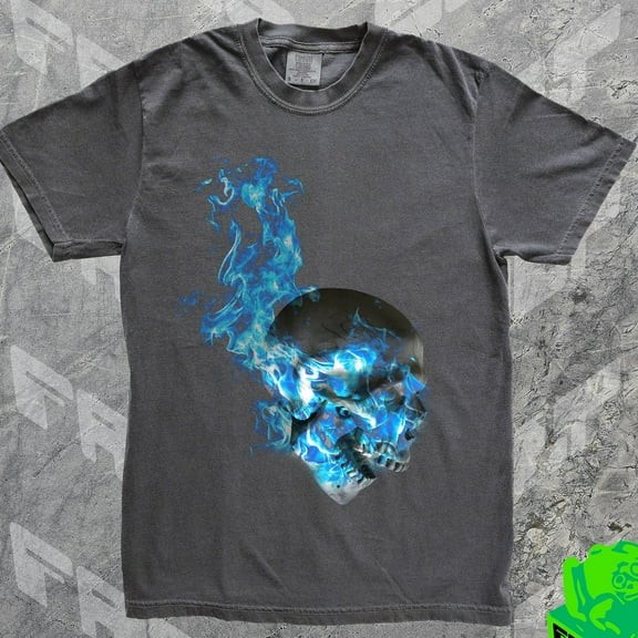 DOPASHIRT Y2K Blue Flames Skull Shirt, 90S 2000S Skull Graphic Tshirt, Skeleton Sp00Ky Hal.Low.Een Tee, Biker T-Shirt, Flaming Skull, Dark, Witc.Hy, Y2K Unisex S-5XL Hot Trending Shirt