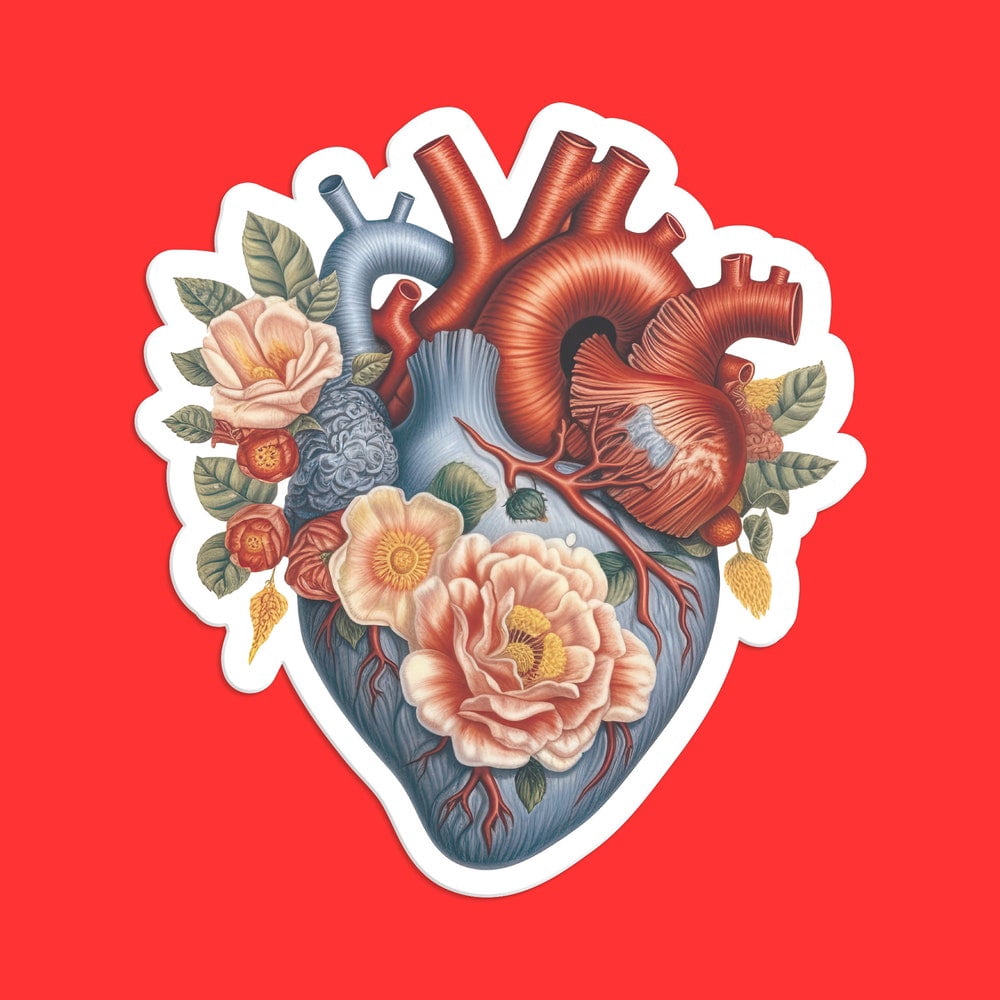 DOPASTICKER Anatomical Heart With Flowers Sticker, Artistic Heart And ...
