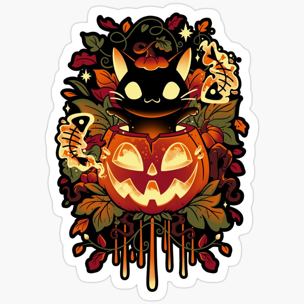Hal Sticker DOPASTICKER Autumn Tricks - Hal.Low.Een Black Cat And Pumpkin Sticker ...
