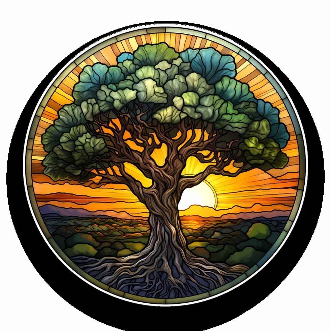 DOPASTICKER Beautiful Oak Tree Stained Glass Style Window Opaque ...