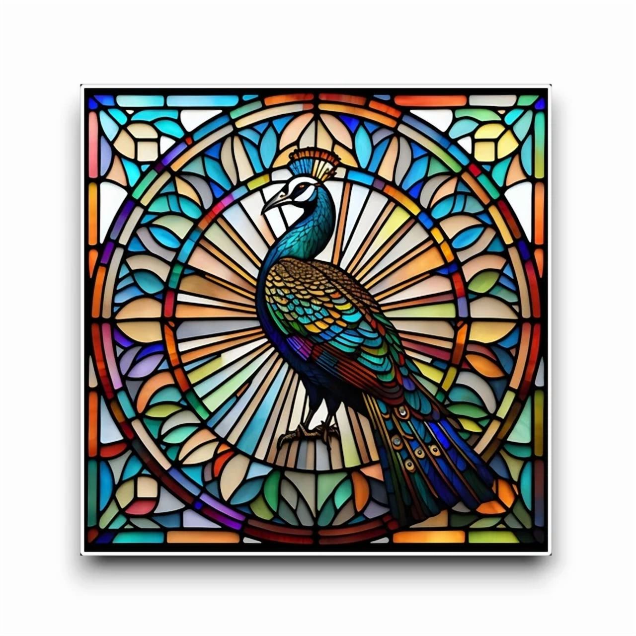 DOPASTICKER Beautiful Peacock Bird Square Stained Glass Style Window ...