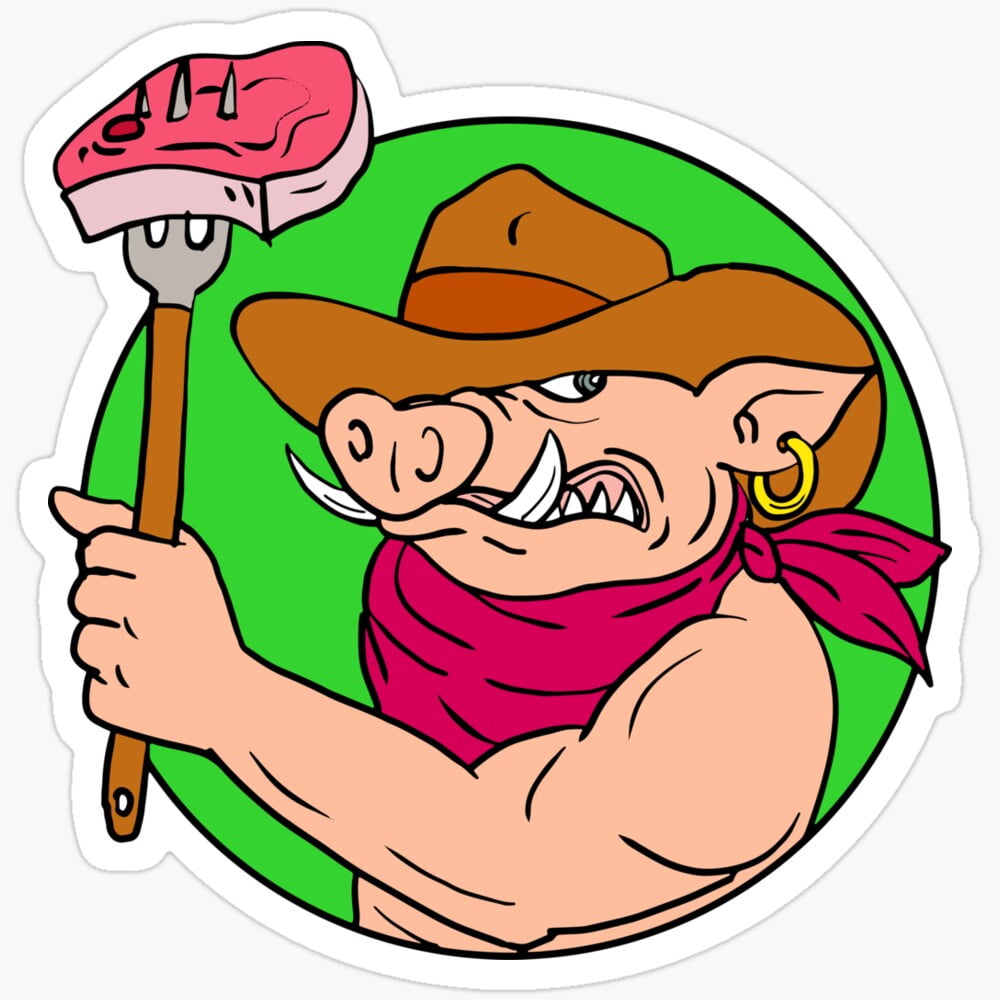 DOPASTICKER Cowboy Hog Holding Barbecue Steak Drawing Color Sticker ...