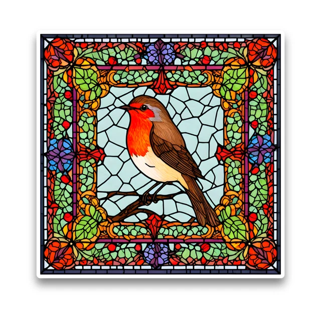 Visual Reference: Dopasticker Cute Robin Wild Bird Faux Stained Glass Style Square