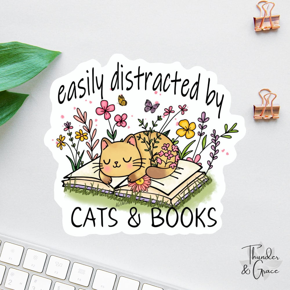 DOPASTICKER Floral Cat Sticker, Easily Distracted By Cats & Books ...