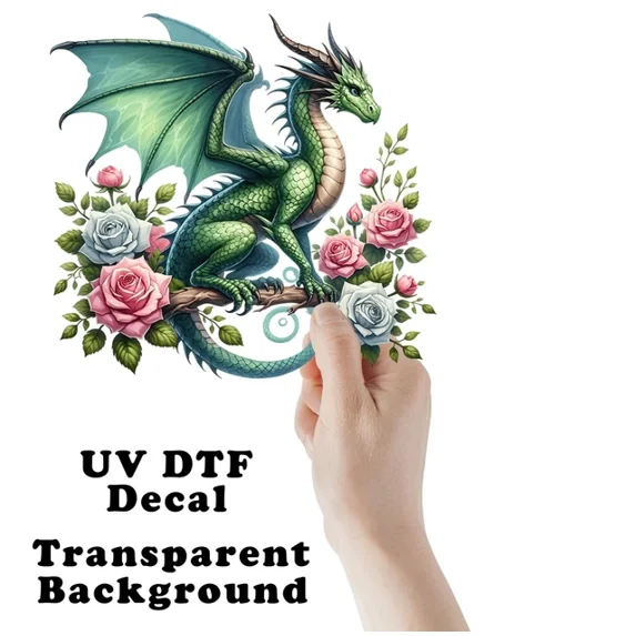 DOPASTICKER Green Dragon Pink Flowers Sticker - Design Preview Only ...