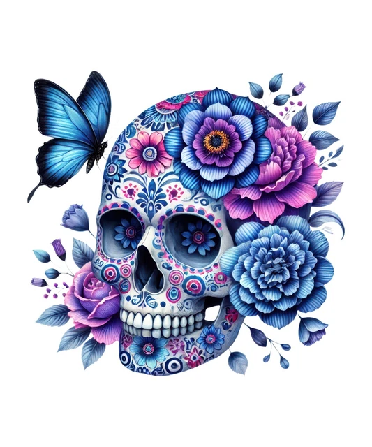 DOPASTICKER Huge Sticker Colourful Floral Sugar Skull With Butterfly ...