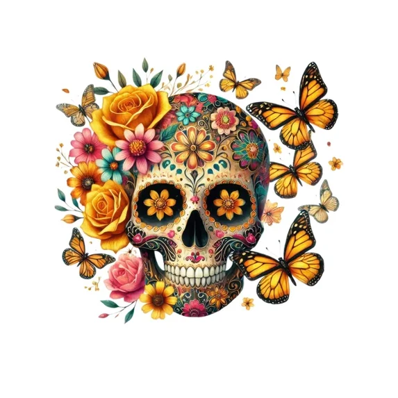 DOPASTICKER Huge Sticker Colourful Floral Sugar Skull With Butterfly ...
