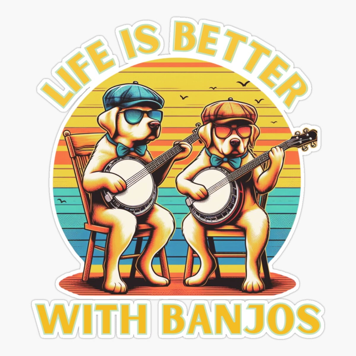 DOPASTICKER Life Is Better With Banjos, Retro Sunset Labradors Playing ...