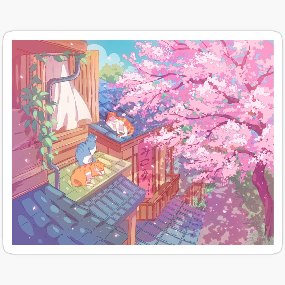 DOPASTICKER The Cute Cats, Rooftops, And Pink Cherry Blossom Sticker ...