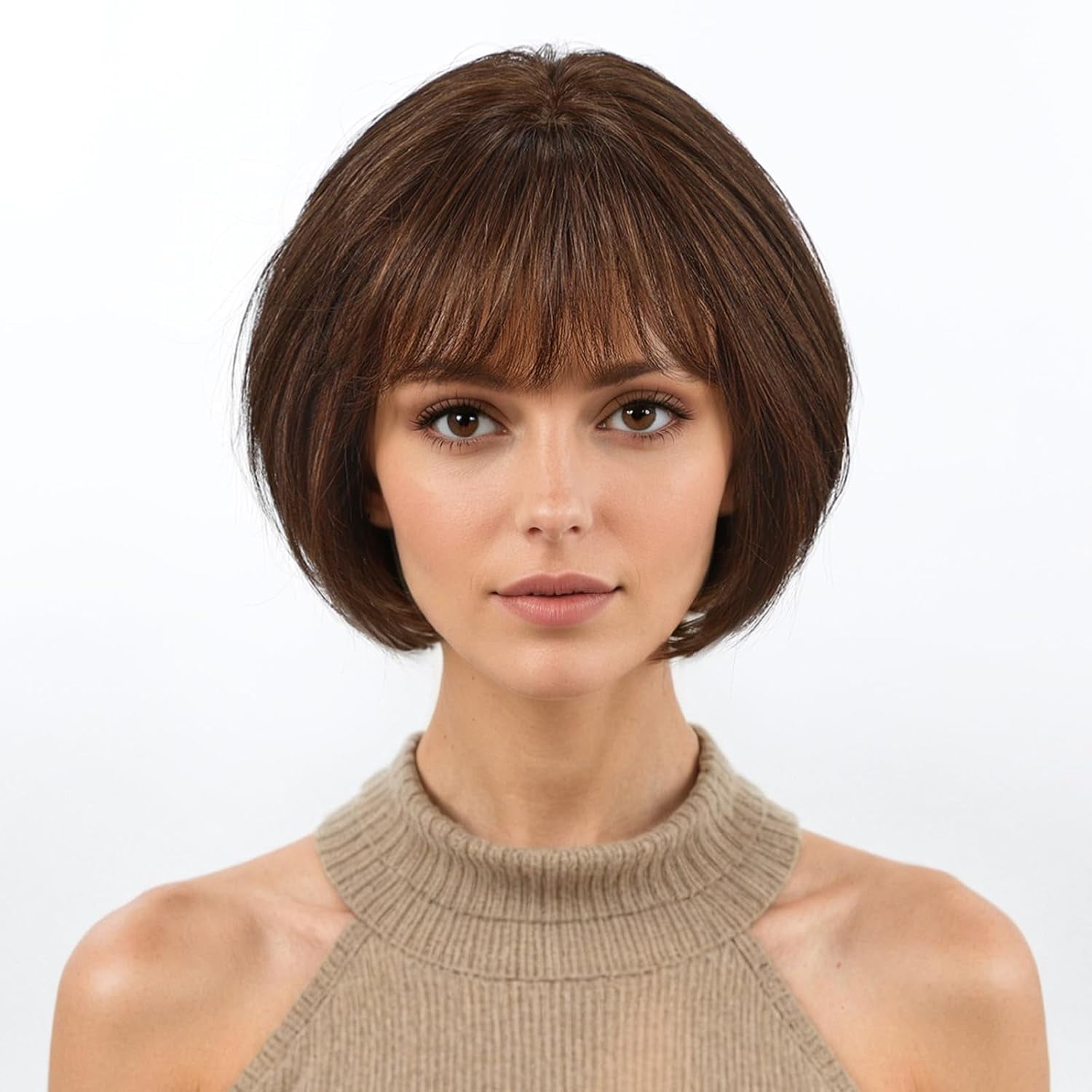 DOPI 10 Inch Brown Mixed Blonde Wigs Human Hair for Women, Remy Human Hair Wigs, Human Hair Wigs with Bangs