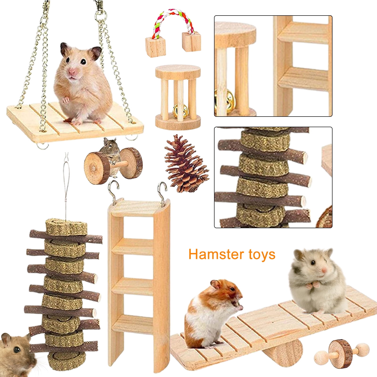 DOPI 10Pcs/Set Hamster Swing Toys Teeth Grinding Natural Wood Molar Toys Bunny Hamster Chewing Toy Pet Toys