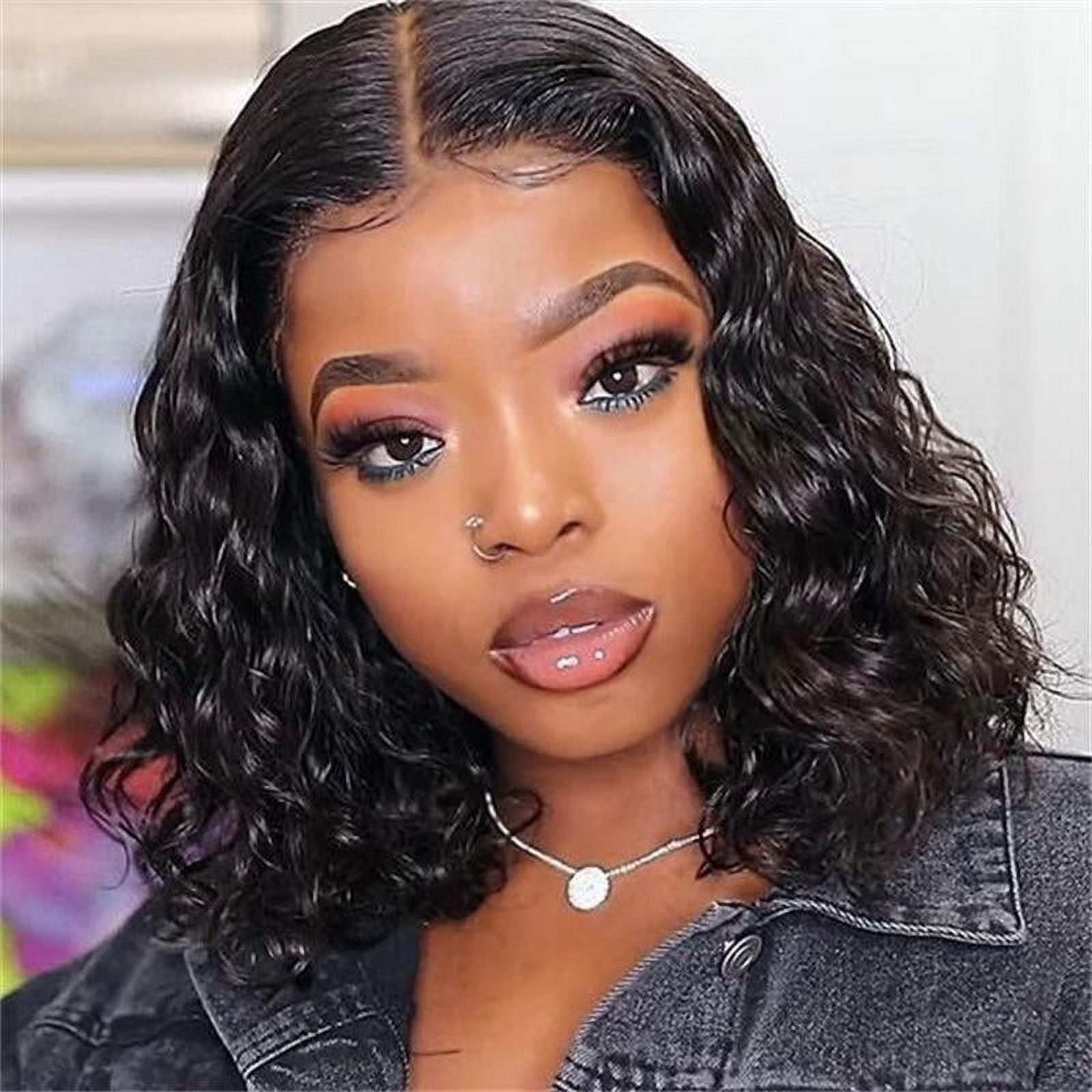 DOPI 14inch Curly Short Bob Lace Wigs Mesh for Black Women Human Hair Dark Brown Wavy Wigs with Bangs Natural for Black Women Party Daily Life Brown 14inch(2Pack)