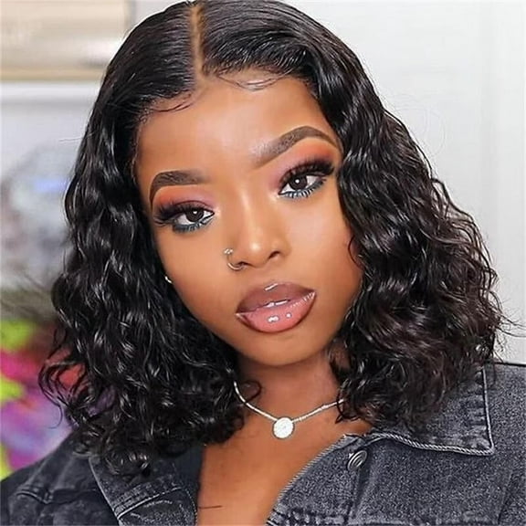 DOPI 14inch Curly Short Bob Lace Wigs Mesh for Black Women Human Hair Dark Brown Wavy Wigs with Bangs Natural for Black Women Party Daily Life Brown 14inch(2Pack)