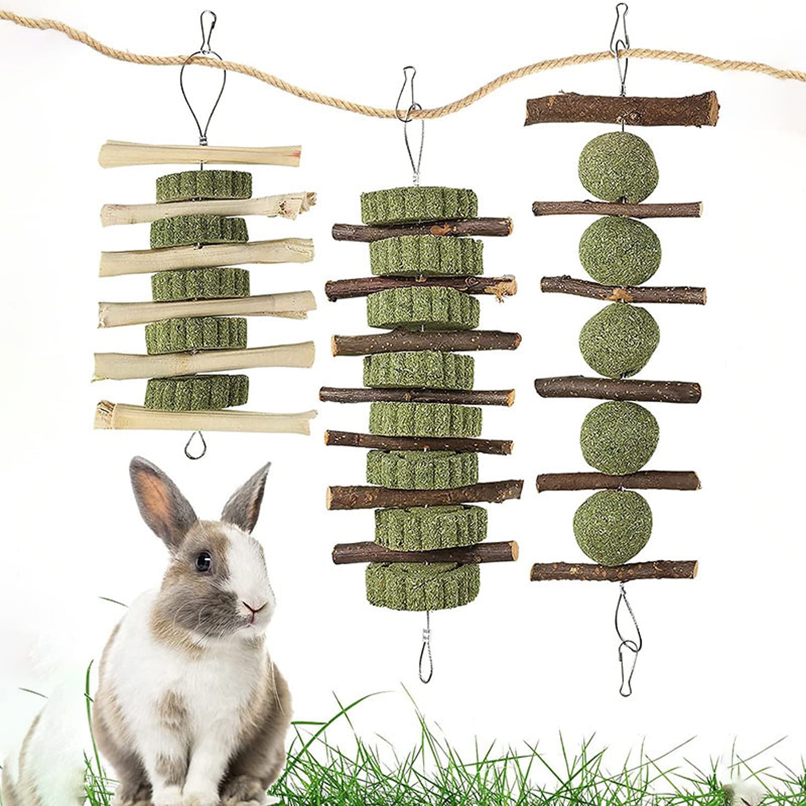 DOPI 3Pcs/Set Hamster Chew Toys Teeth Grinding Hanging Design Eco-Friendly Natural Wooden Grass Cake Ball Bunny Molar Toys for Rabbits