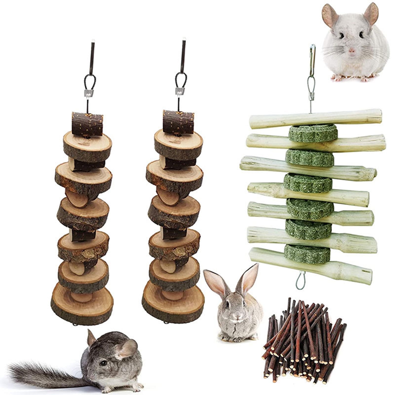 DOPI 4Pcs/Set Molar Toy Bite Resistant Natural Wood Grinding Teeth Hamster Skewers Chew Toy Pet Supplies
