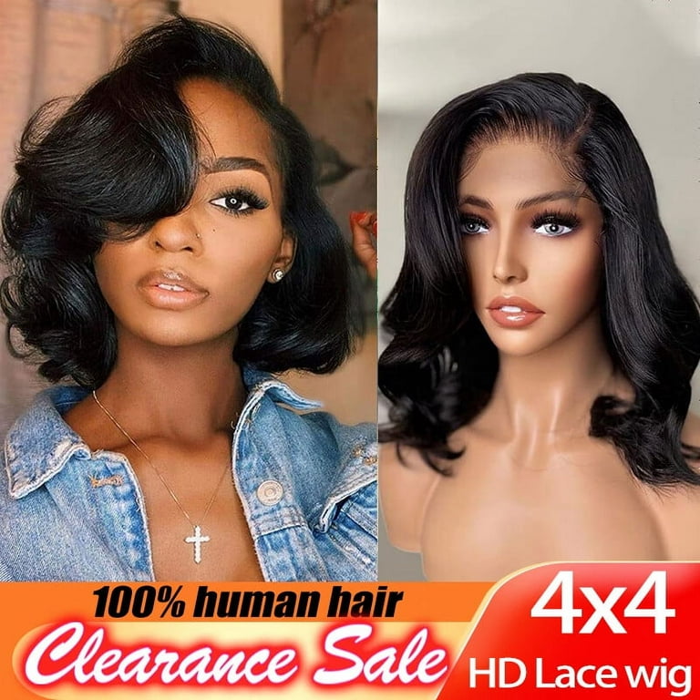DOPI 4x4 Short Bob Body Wave Lace Front Wigs Human Hair For Women Nature  Black Hd Transparent Lace(2Pack)