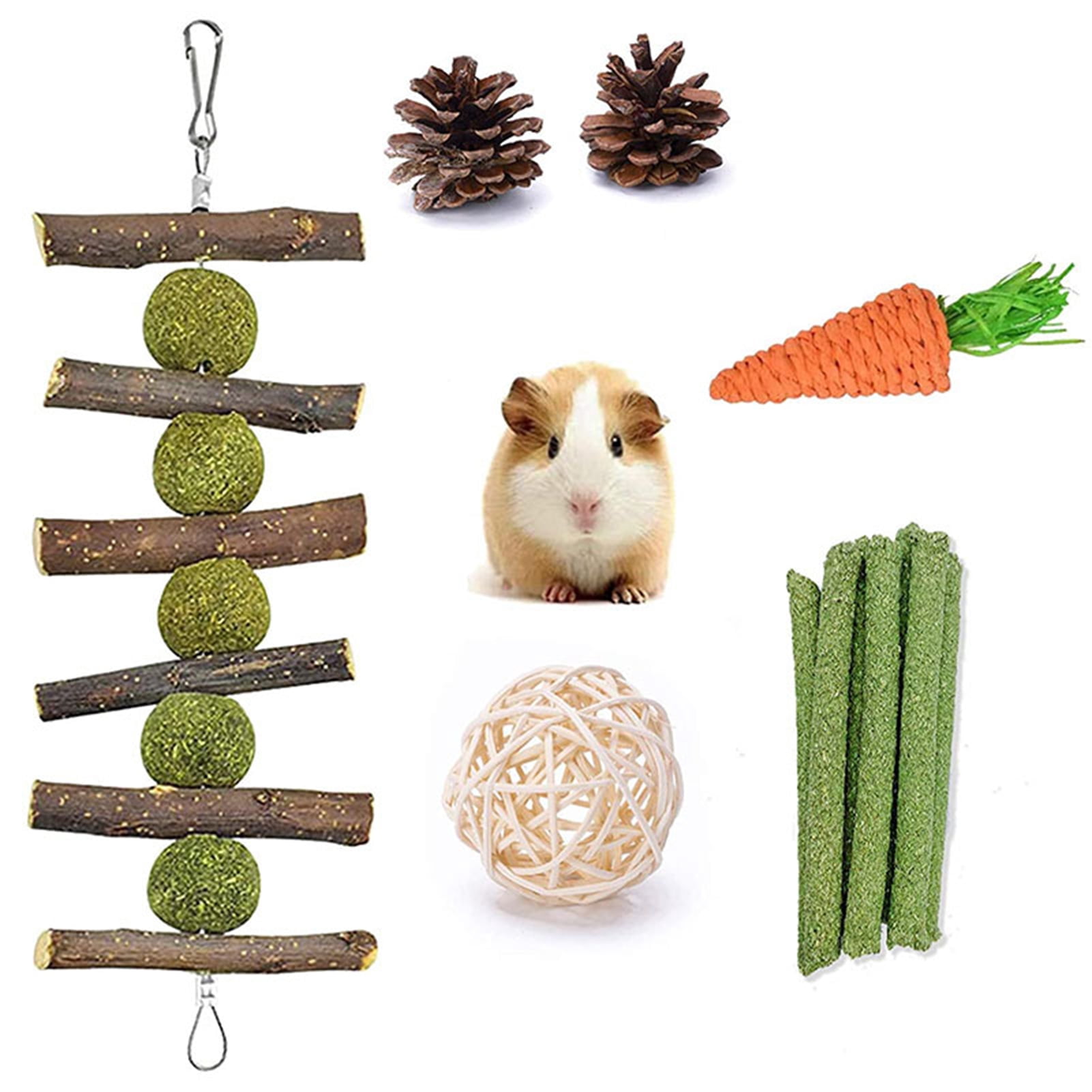 DOPI 6Pcs Bunny Toys Carrot Pine Cones Balls Natural Wood Molar Toys Hamster Play Chew Toys Pet Toys