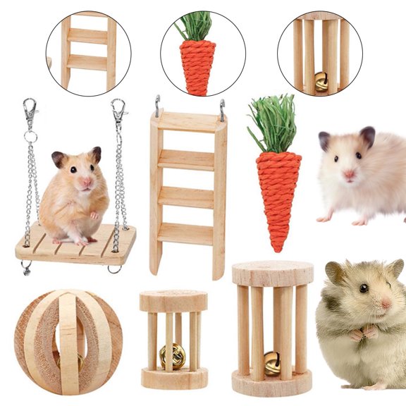 DOPI 6Pcs Hamster Chew Toys Multiple Types Exercise Training Natural Wood Small Pet Ladder Swing Toy Set for Rabbit