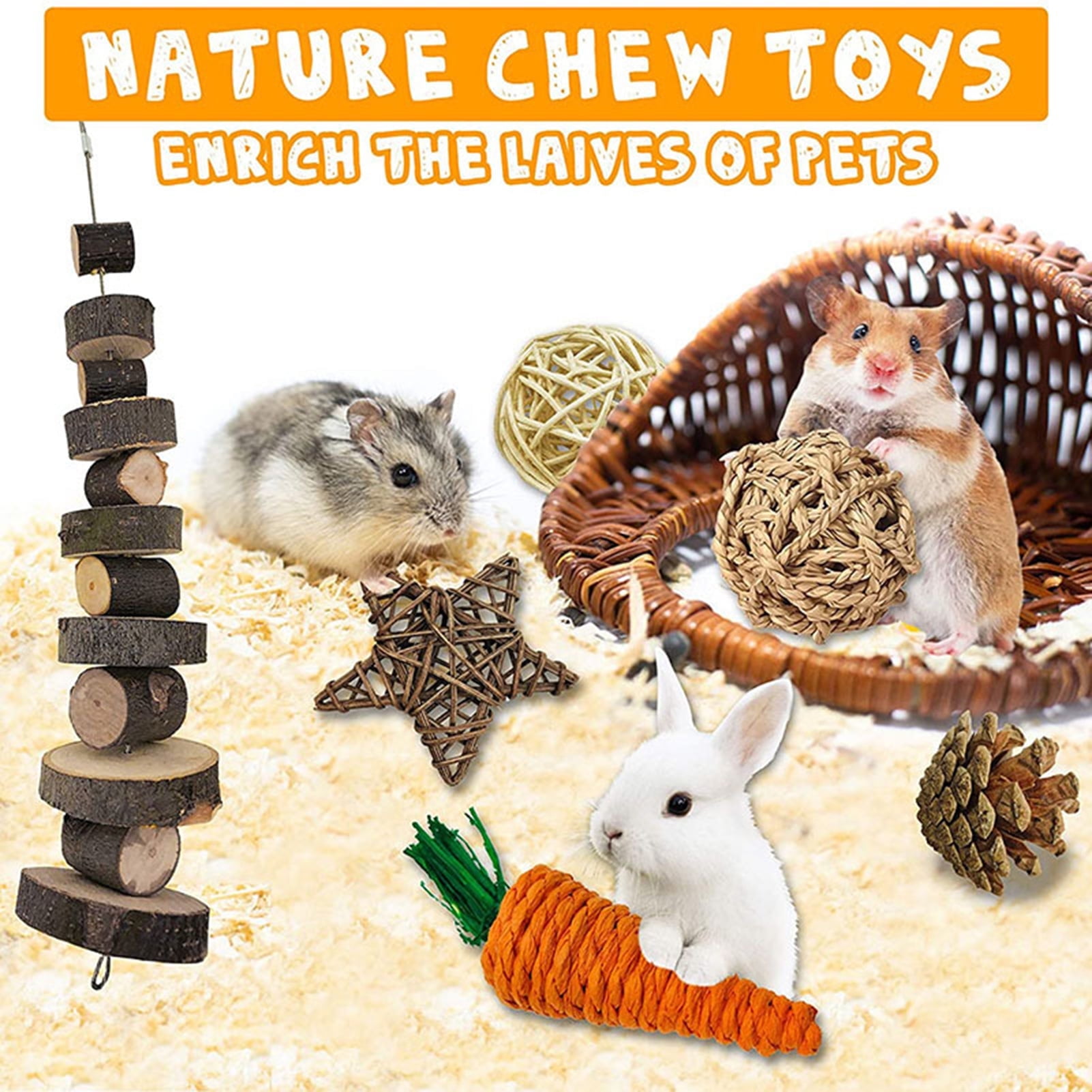 DOPI 7Pcs/Set Molar Toy Safe Eye-catching Wood Play Carrot Molar Toy Set for Small Animals
