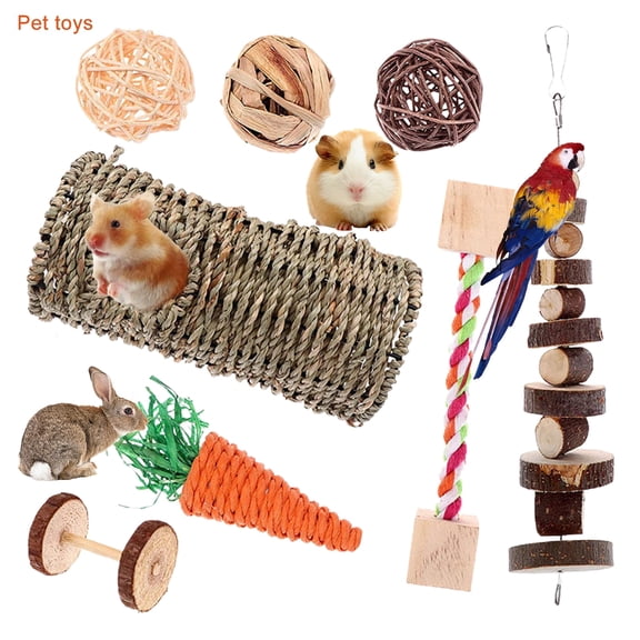 DOPI 8Pcs/Set Hamster Toys Timothy Hay Balls Natural Wood Molar Toys Small Animal Play Chew Toys for Chinchilla