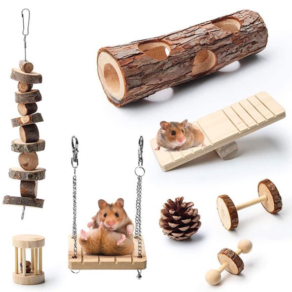 DOPI 8Pcs/Set Molar Toy Long Lifespan Relieve Anxiety Wood Hamster Dumbbell Unicycle Swing Set for Chinchillas