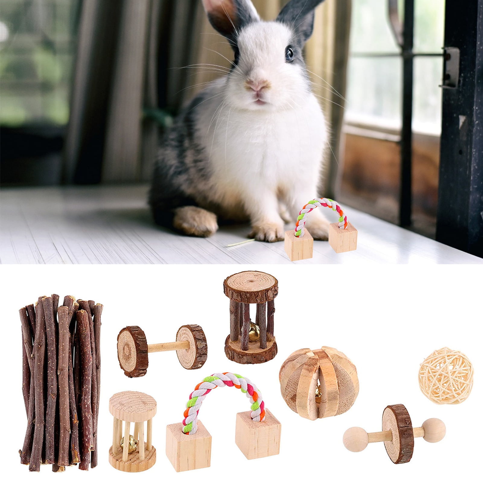 DOPI 8Pcs/Set Molar Toy Long Lifespan Relieve Anxiety Wood Hamster Wooden Toy Set for Chinchillas