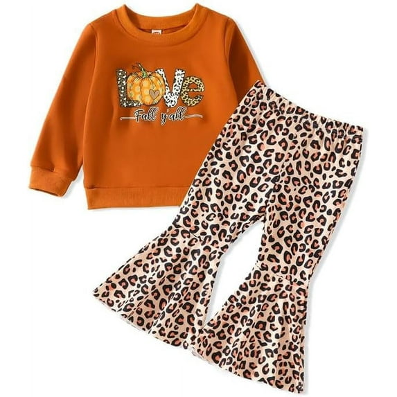DOPI Baby Girl Halloween Clothes Toddler Long Sleeve Pumpkin Sweatshirt T-Shirt Bell-Bottom Pants Outfits