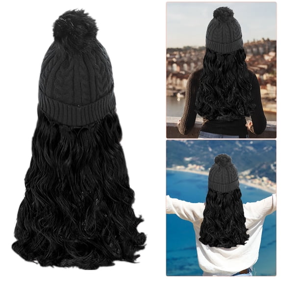 DOPI Beanie Hat Knit With Long Wavy Curly Hair Extensions Wig Dismountable Warm Knitted Attached 20inch Synthetic Hairpiece For Women