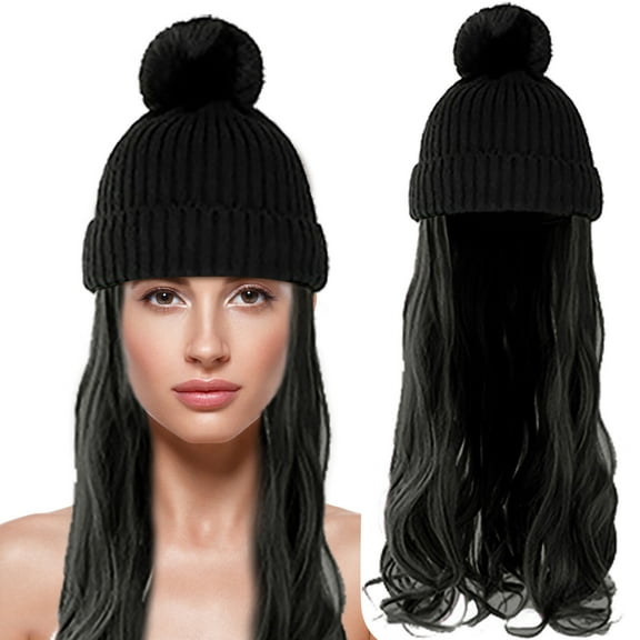 DOPI Beanie Hat Knit With Long Wavy Curly Hair Extensions Wig Dismountable Warm Knitted AttachedSynthetic Hairpiece For Women