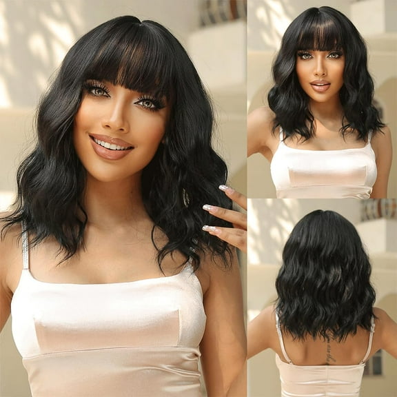 DOPI Blonde Wig with Bangs 14 Inch Blonde Wig Synthetic Shoulder Length Glueless wig Cosplay Bob Wig for Girl for Daily Party Use (14Inch, Blonde wig)