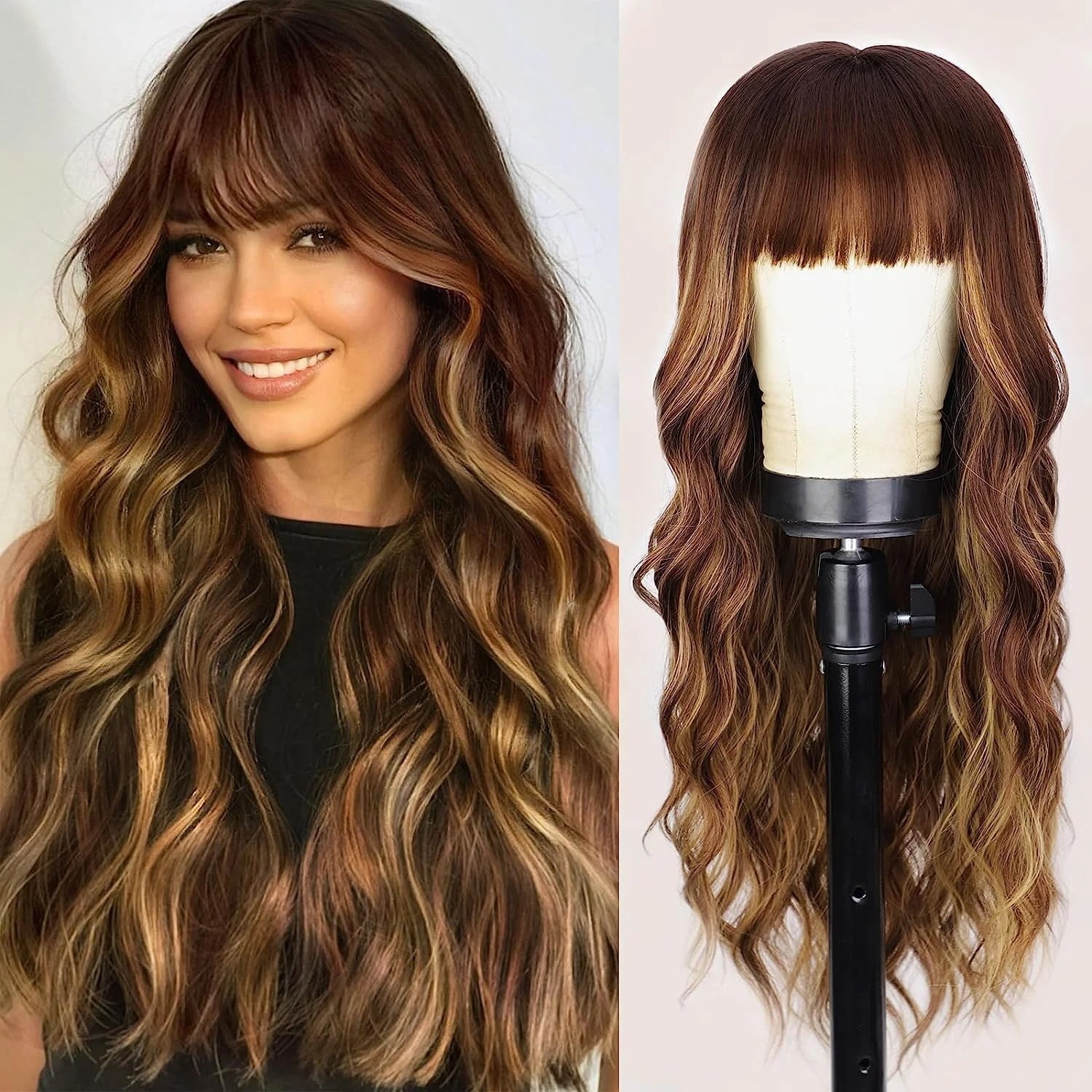 DOPI Blonde Wig With Bangs Long Wavy Curly Ombre Wig with  display picture 1