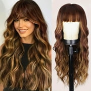 DOPI Blonde Wig With Bangs Long Wavy Curly Ombre Wig with Dark Root Synthetic Heat Resistant Wigs for Women Daily Party Use