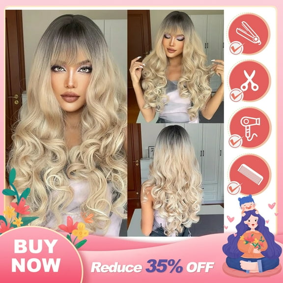 DOPI Blonde Wig With Bangs Long Wavy Curly Ombre Wig with Dark Root Synthetic Heat Resistant Wigs for Women Daily Party Use