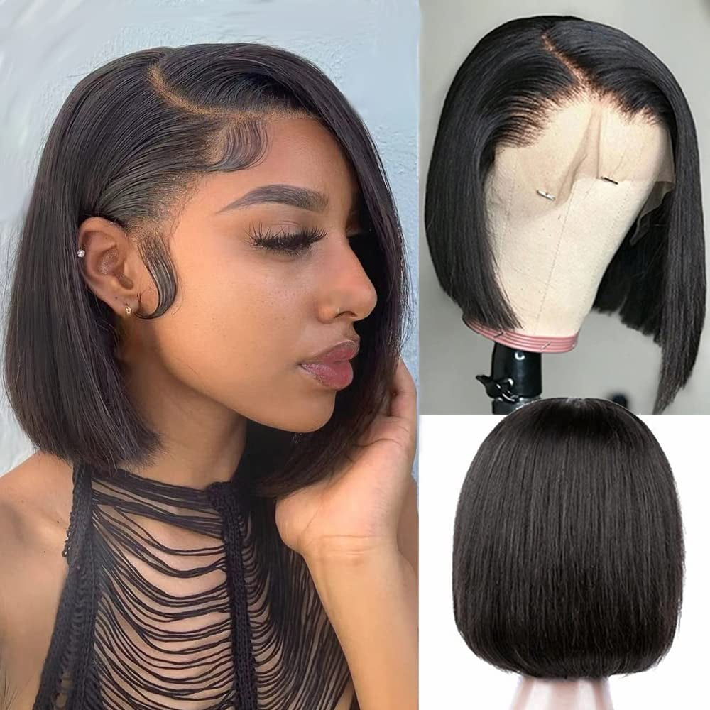 DOPI Bob Wig Human Hair 13x4 150% Density Frontal Bob Wig Black Bob Wig Short Bob Lace Front Human Hair Wigs Pre Plucked Straight Bob Human Hair Wig 10 Inch