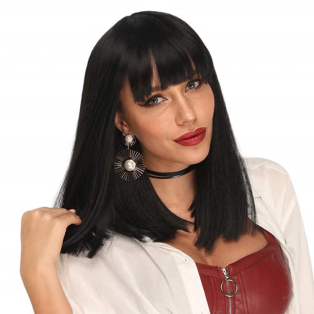 DOPI Bob Wigs Human Hair Straight Brazilian Virgin Human Hair Wigs with Bangs Machine-Made Glueless None Lace Front Wigs Shoulder Length Wigs for Black Women锛14 Inch Human