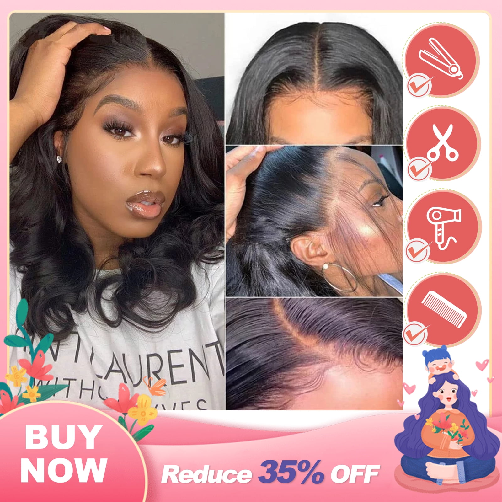 DOPI Body Wave 4x4 Lace Front Wig Human Hair for Women Brazilian Lace Closure Wigs 180% Density Natural Color 12 inch