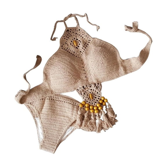 DOPI Bohemian Handmade Knitted Sexy Split Swimsuit Bikini Swimsuit Beach Fringed