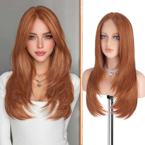 DOPI Brown Blonde Wig with Curtain Bangs - Lace Front Hairline Middle Part Long Layered Natural Looking Straight Synthetic Hair Wigs for Women Daily Party, 24 Inch Brown Mixed Blonde