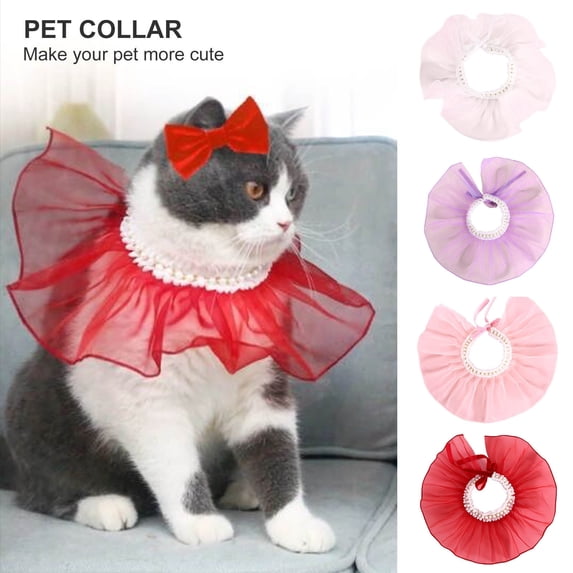 DOPI Cat Collar Faux Pearls Decor Holiday Dress Up Skin Friendly Pet Cats Dogs Lace Collars for Pet Birthday
