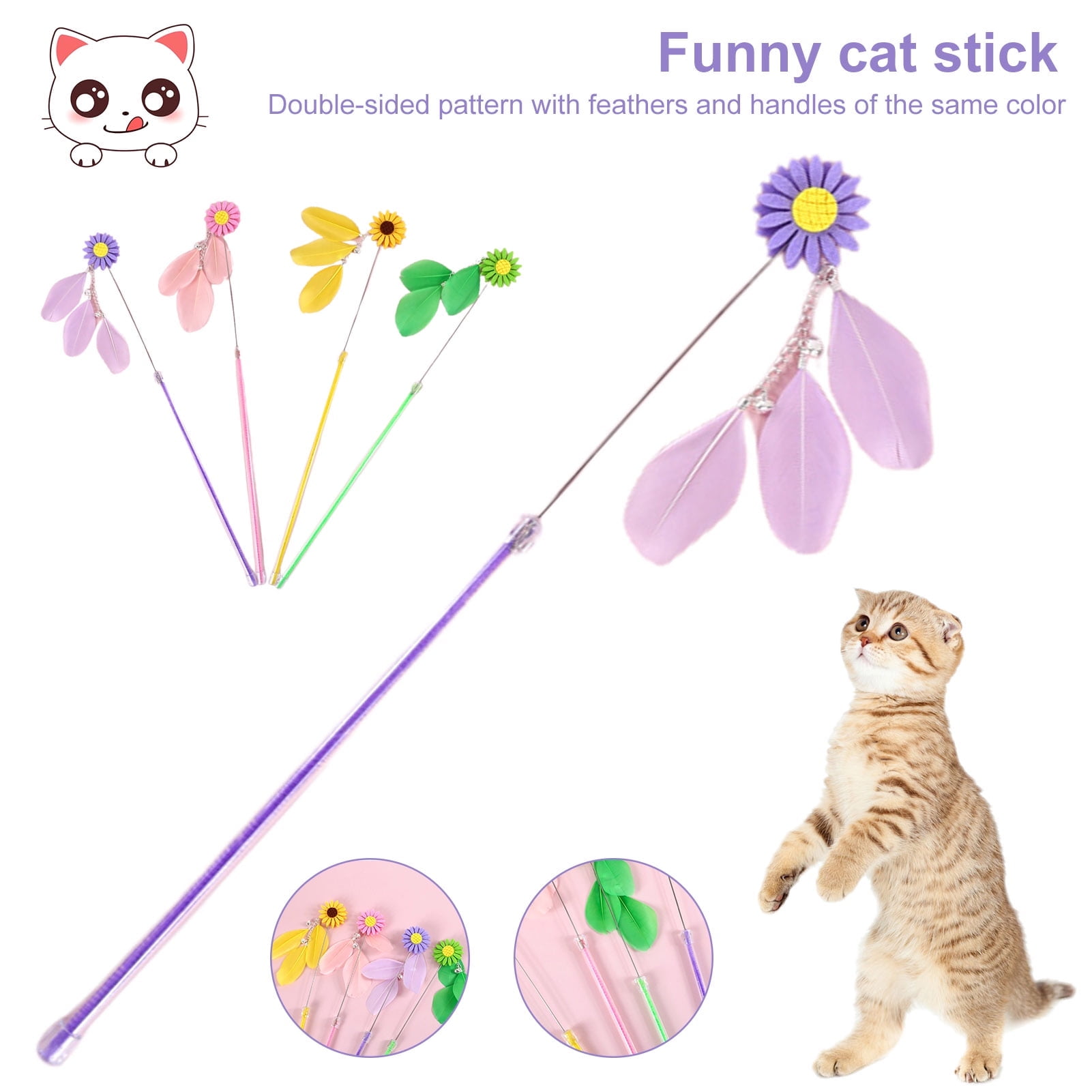 DOPI Cats Wand Toy Flower Feather Decor Pet Interaction Handmade Cats Stick Teaser Toy with Bell Cats Supplies
