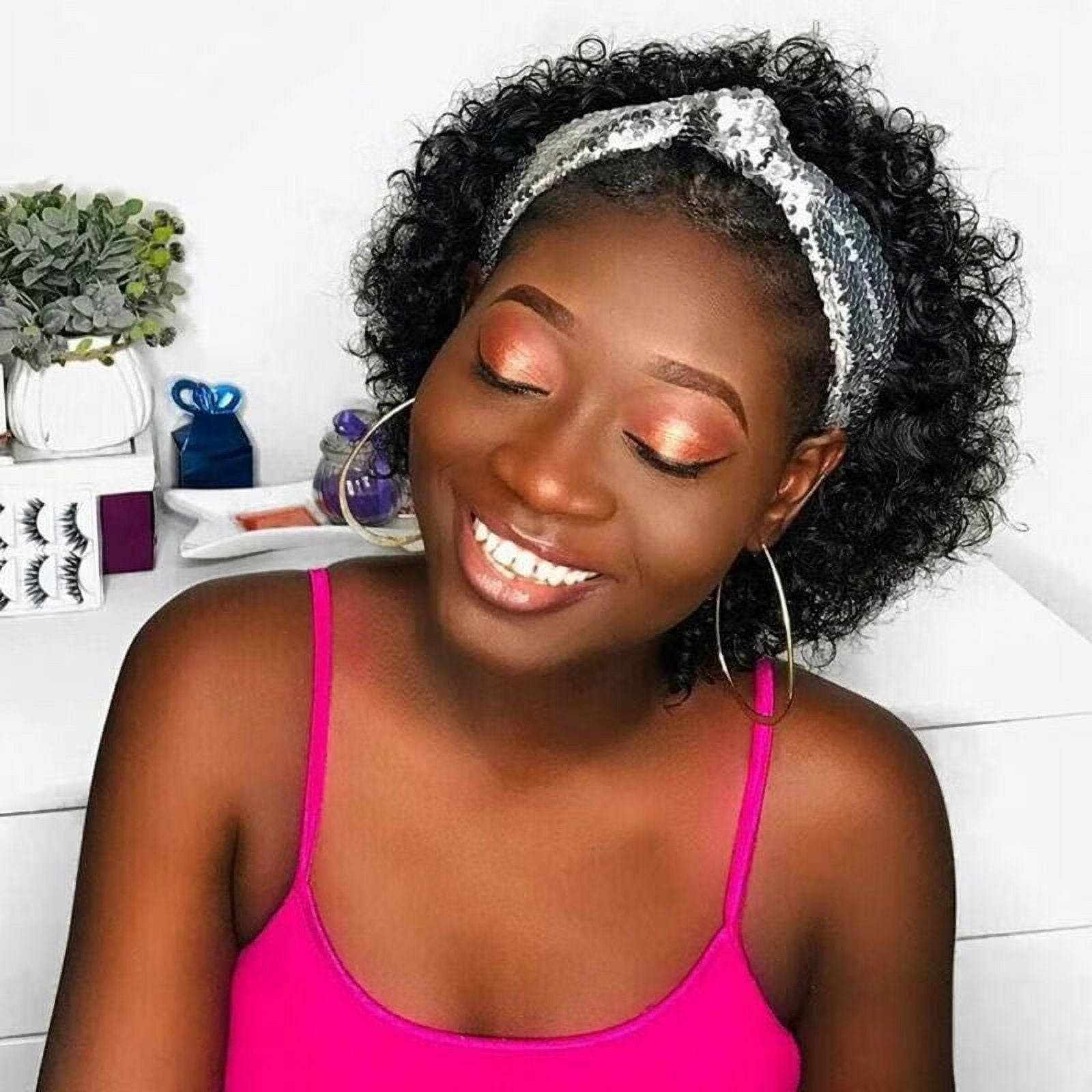 DOPI Cheap Curly Headband Wig Human Hair Short Wigs for Black Women Black Bob Wig