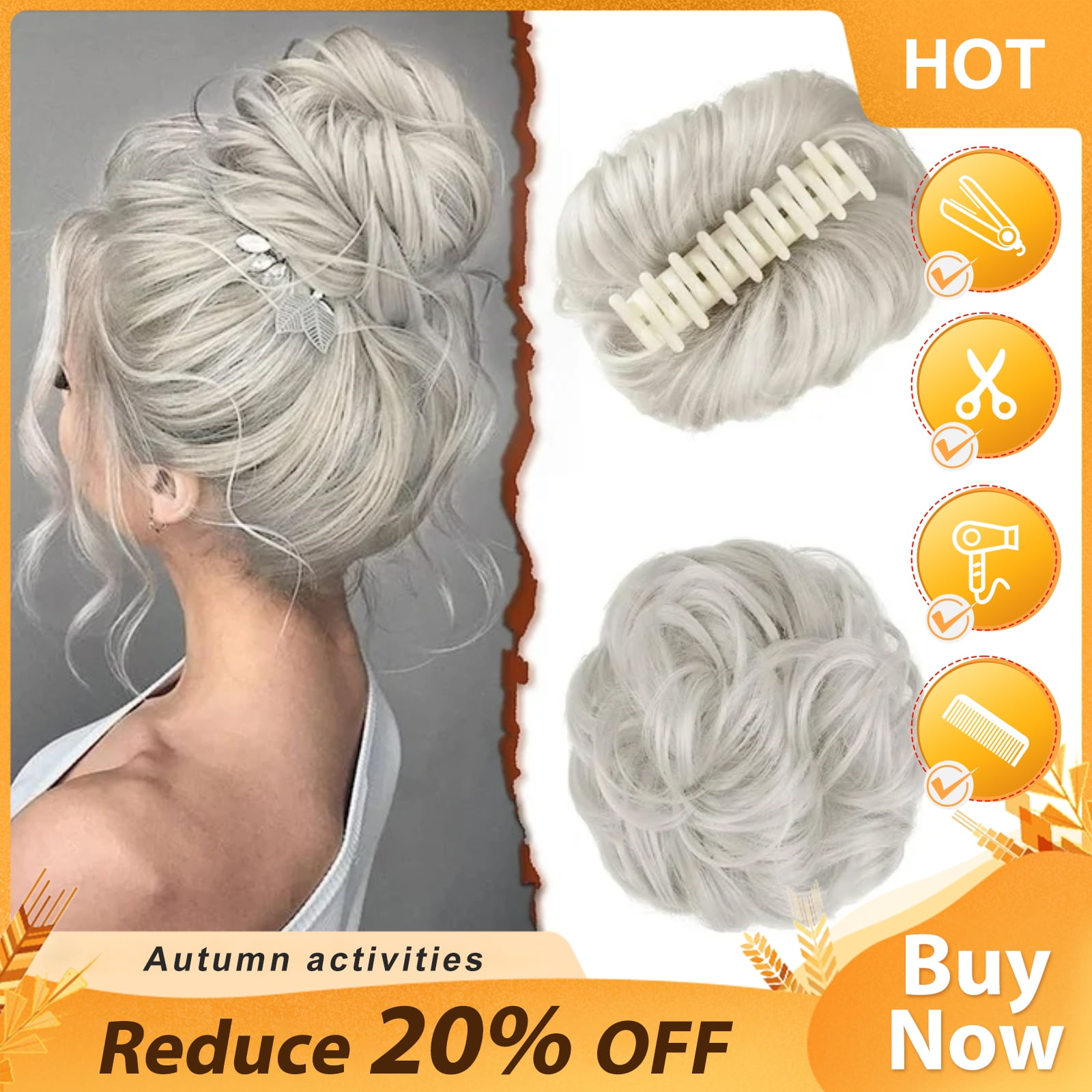 DOPI Claw Clip Messy Bun Hair Piece Wavy Curly Hair Bun Clip in Claw Chignon Ponytail Hairpieces Synthetic Tousled Updo Hair Extensions Scrunchie Hairpiece for Women Gray and White Tips Walmart