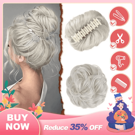 DOPI Claw Clip Messy Bun Hair Piece Wavy Curly Hair Bun Clip in Claw Chignon Ponytail Hairpieces Synthetic Tousled Updo Hair Extensions Scrunchie Hairpiece for Women, Gray and White Tips